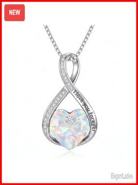 18k White Gold Opal Heart Infinity Pendant Necklace I Love You Forever